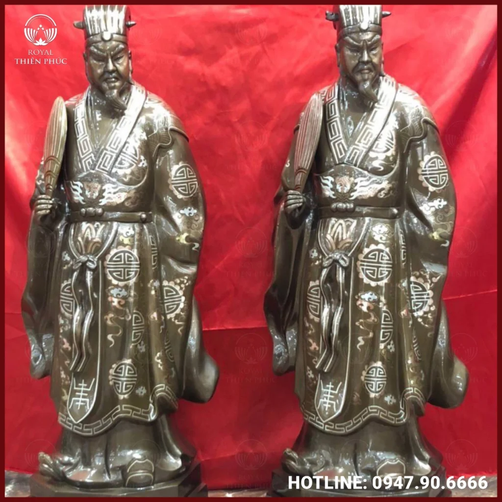 Tượng Khổng Minh bằng đồng đỏ khảm tam khí