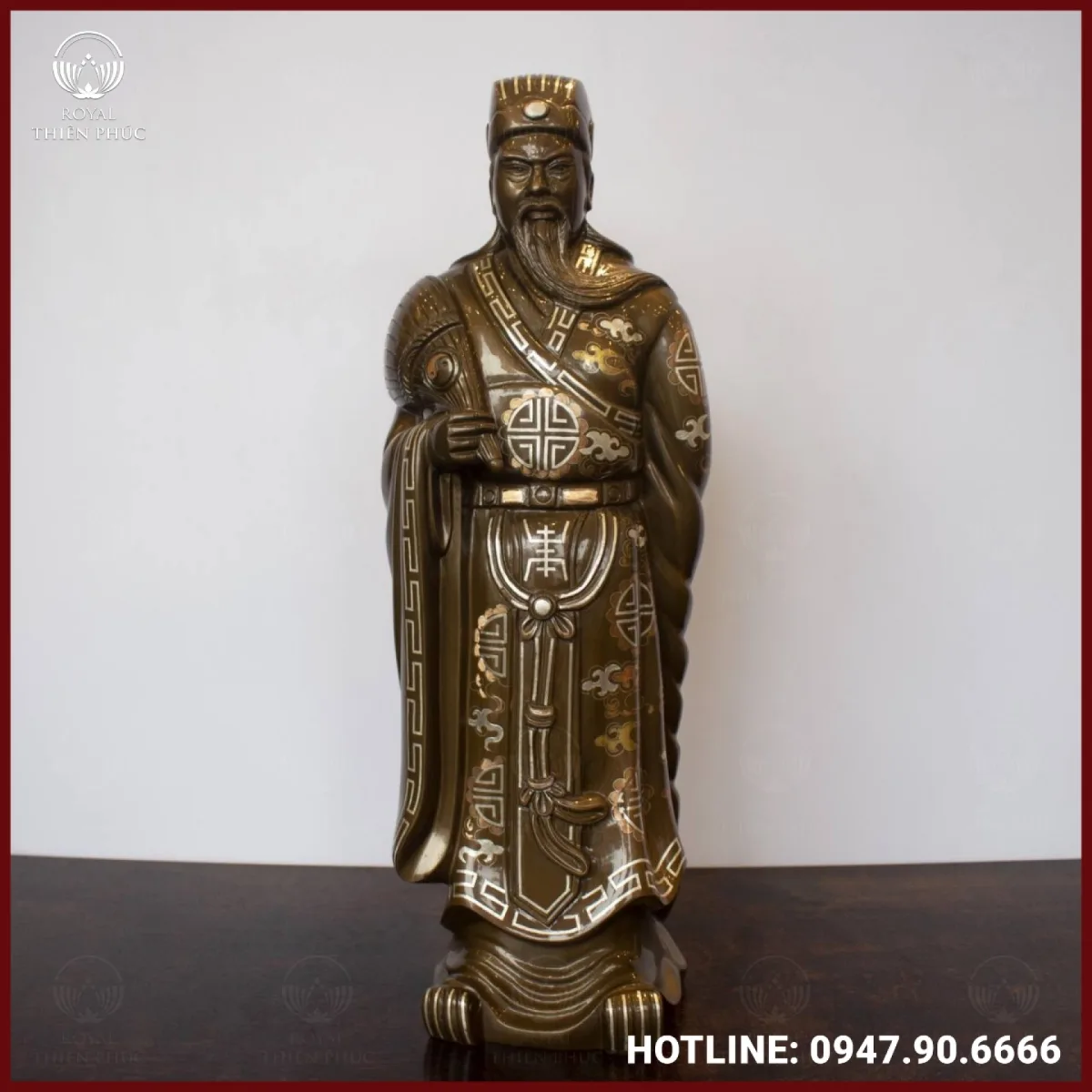 Tượng Gia Cát Lượng bằng đồng đỏ khảm tam khí cao cấp