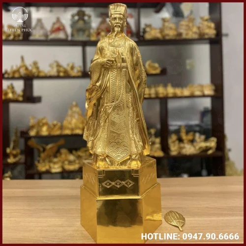 Tượng Khổng Minh đế lục giác bằng đồng dát vàng 9999 cao cấp