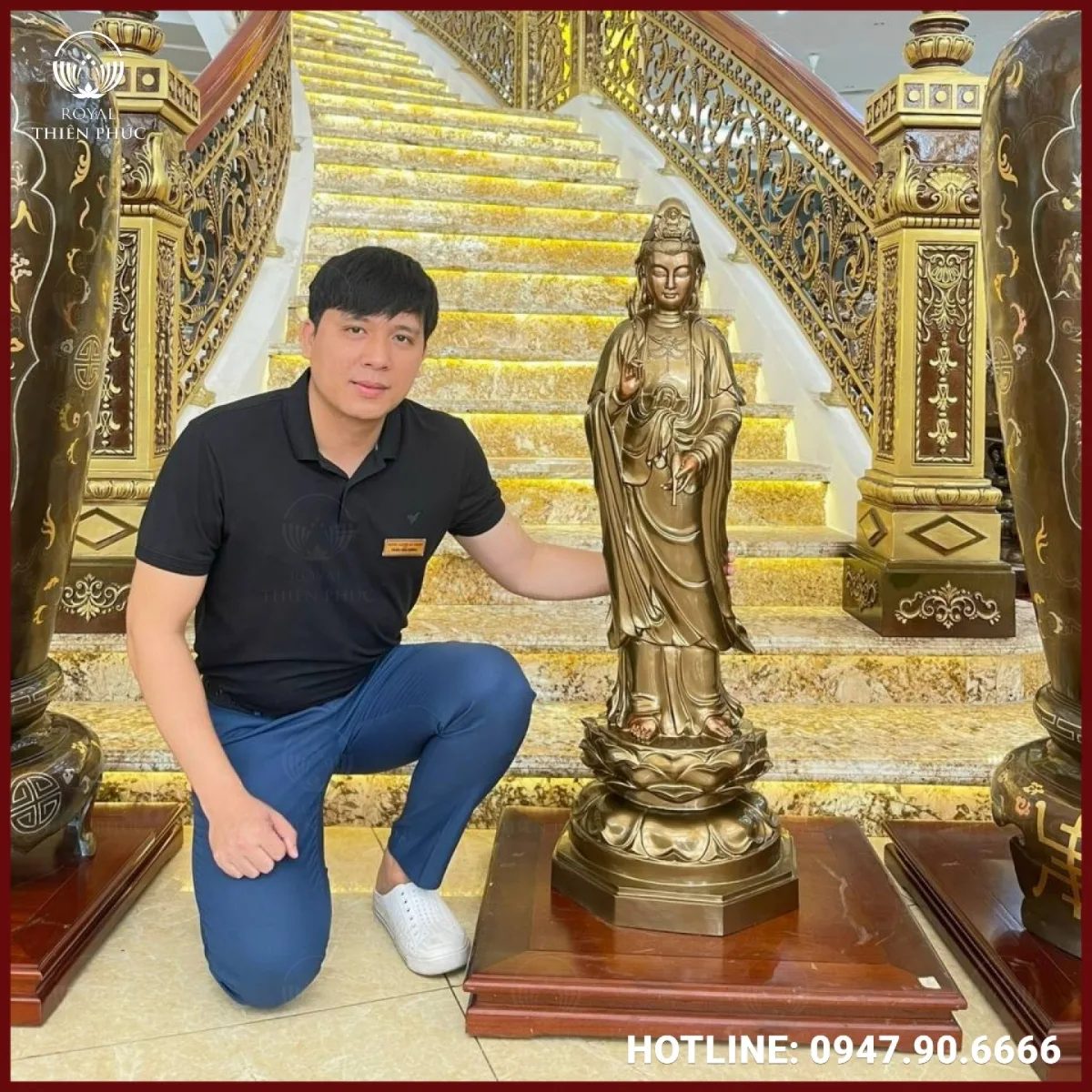 Tượng Phật Quan Âm đứng đồng đỏ làm màu