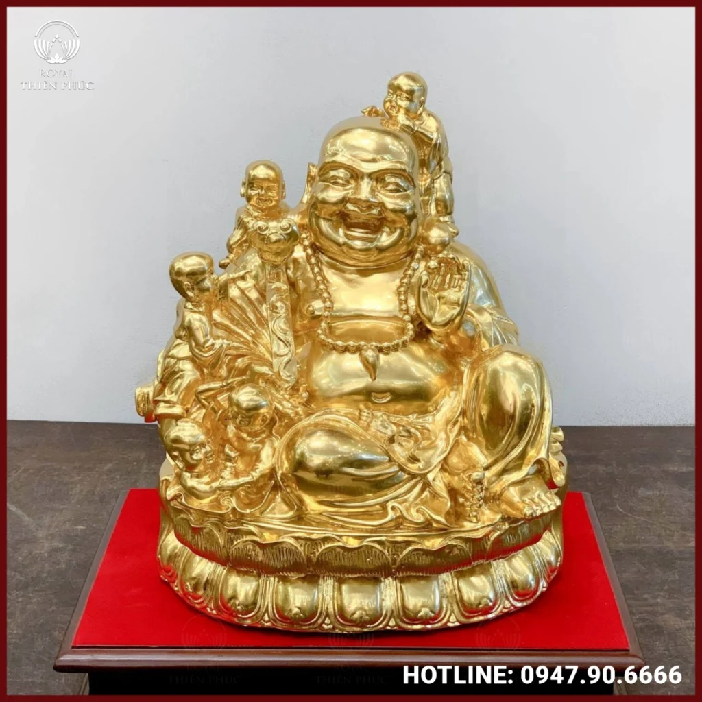 Tượng Phật Di Lặc và 5 em bé bằng đồng dát vàng 9999