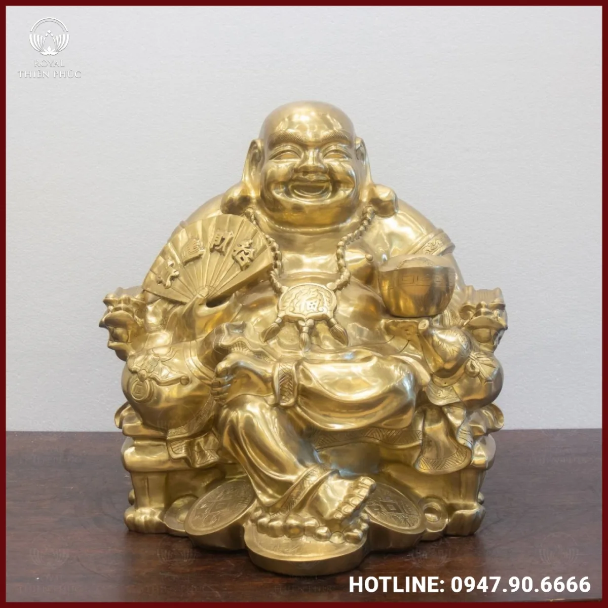 Tượng Phật Di Lặc cầm quạt như ý bằng đồng catut