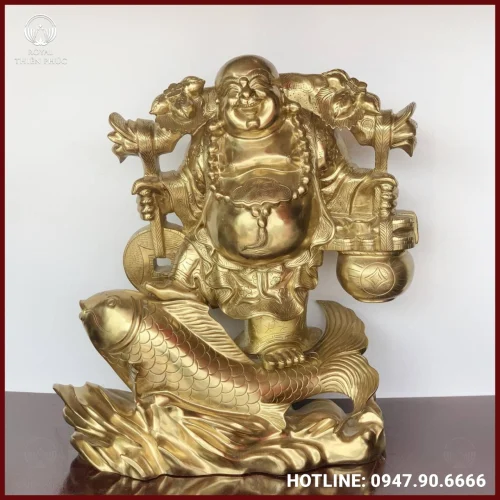 Tượng Di Lặc gánh tiền vàng tài lộc bằng đồng catut