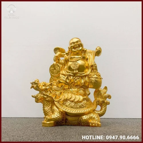 Tượng Phật Di Lặc cưỡi long quy bằng đồng dát vàng 9999 cao 45cm