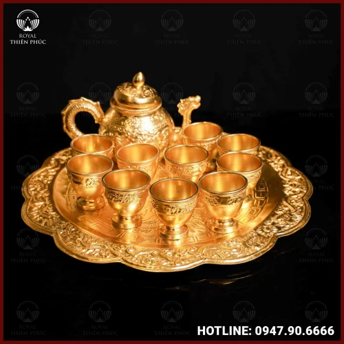 Bộ ấm 10 chén đồng vàng dát vàng cao cấp