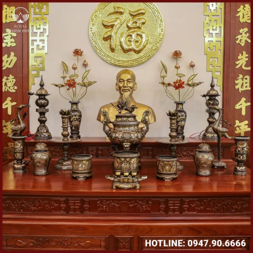 Bộ ngũ sự chạm sòi đồng đỏ khảm tam khí dát điểm vàng cao 60cm