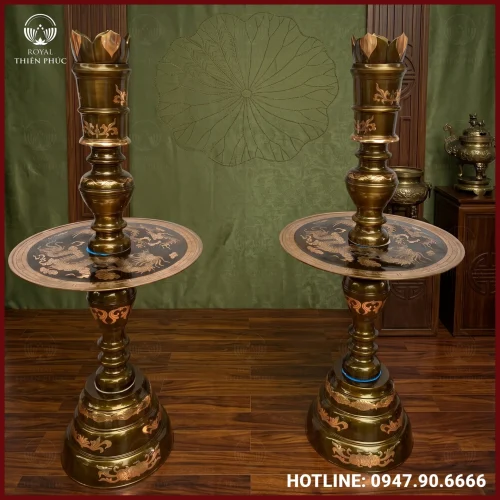 Đôi chân nến long phụng đồng đỏ cạo màu cỡ lớn