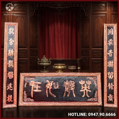 Đại tự câu đối đồng đỏ nền đen cao cấp