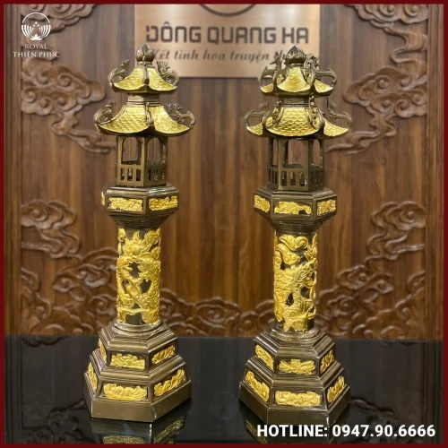 Đèn mái chùa đồng đỏ dát điểm vàng