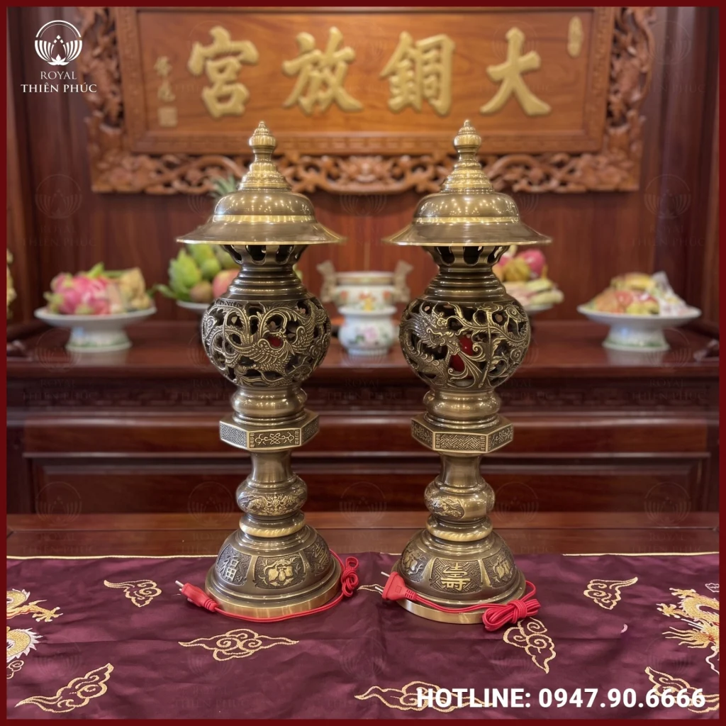 Đèn thờ long phụng đồng vàng hai công nghệ