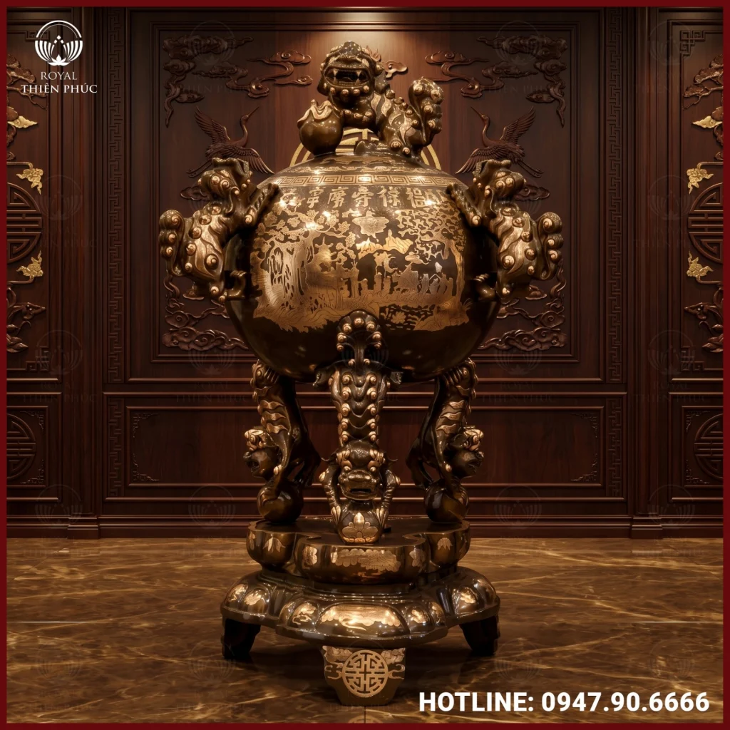 Đỉnh thất lân vờn cầu đồng đỏ cạo màu