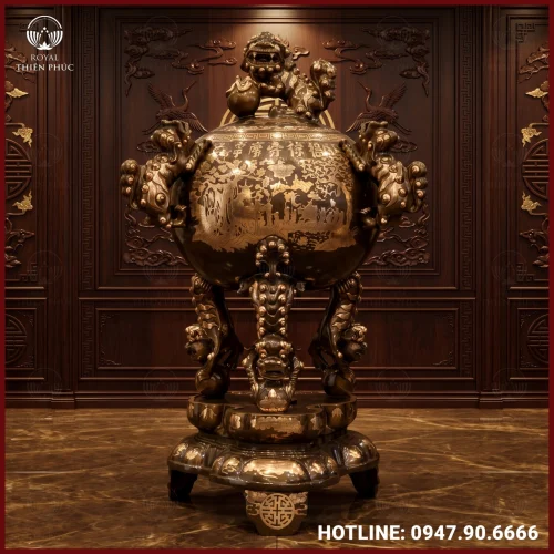 Đỉnh thất lân vờn cầu đồng đỏ cạo màu