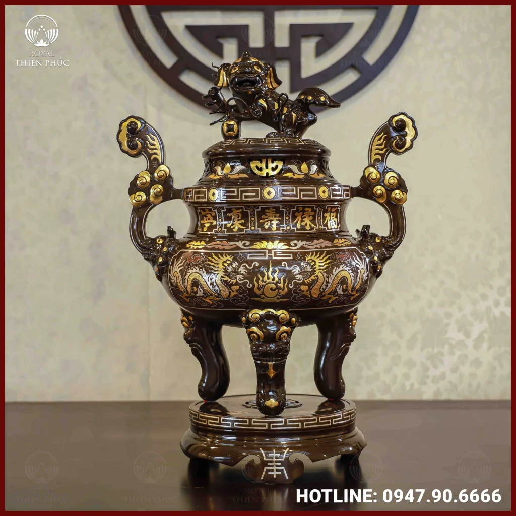 Đỉnh rồng đồng đỏ khảm tam khí dát điểm vàng cao 60cm