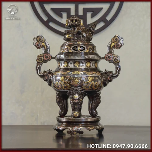 Đỉnh đồng đỏ khảm ngũ sắc song long chầu nguyệt cao 65cm