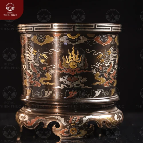 Bát hương bằng đồng khảm ngũ sắc phi 18cm chạm song long chầu nguyệt
