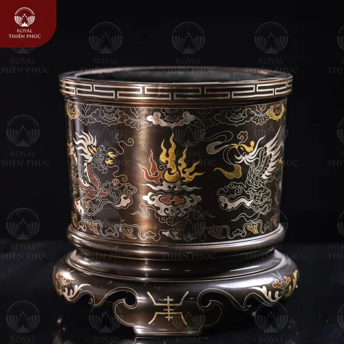 Bát hương đẹp chạm rồng phượng đường kính 22cm bằng đồng khảm ngũ sắc