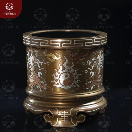 Bát hương thờ gia tiên phi 18cm bằng đồng khảm tam khí
