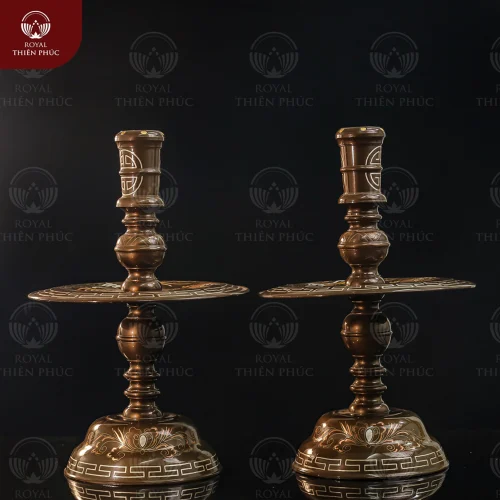 Chân nến đồng chạm rồng phượng khảm tam khí dát điểm vàng cao 60cm