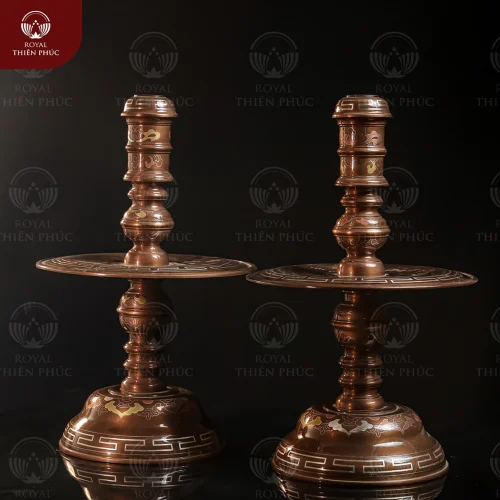 Chân nến thờ bằng đồng khảm ngũ sắc Phúc Thử Tài Lộc cao 50cm