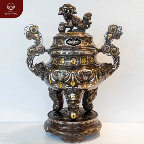 Đỉnh đồng đẹp chạm dơi sòi Ngũ Phúc Lâm Môn khảm ngũ sắc