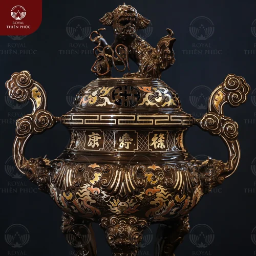 Đỉnh đồng thờ cúng chạm song long khảm tam khí kỹ cao 50cm