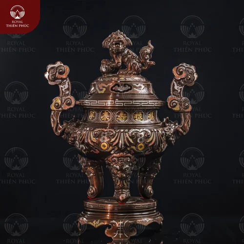 Đỉnh đồng thờ cúng khảm ngũ sắc chạm sòi và đồng xu cao 50cm