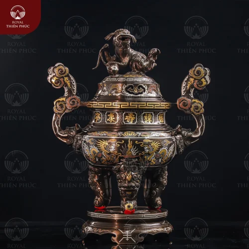 Đỉnh thờ bằng đồng khảm ngũ sắc rồng phượng chầu nguyệt cao 50cm