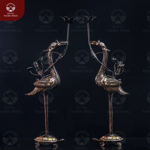 Đôi hạc thờ bằng đồng đỏ khảm tam khí kỹ cao 45cm