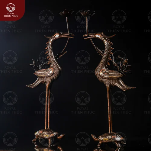 Hạc đồng để bàn thờ khảm tam khí ngậm sen cao 60cm
