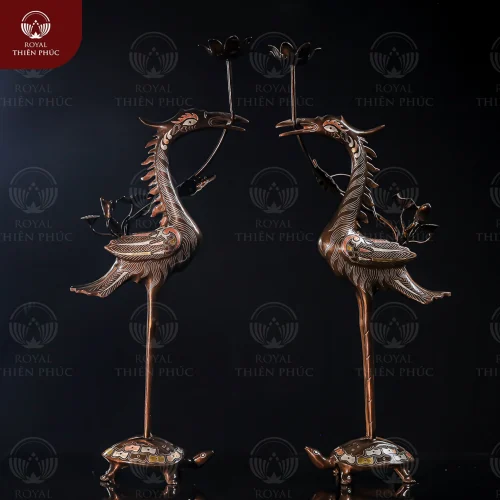 Hạc đồng thờ cúng ngậm sen khảm tam khí kỹ cao 60cm