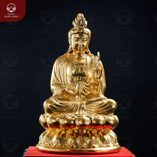 Tượng Bồ Tát Đại Thế Chí cầm hoa sen bằng đồng thếp vàng cao 30cm