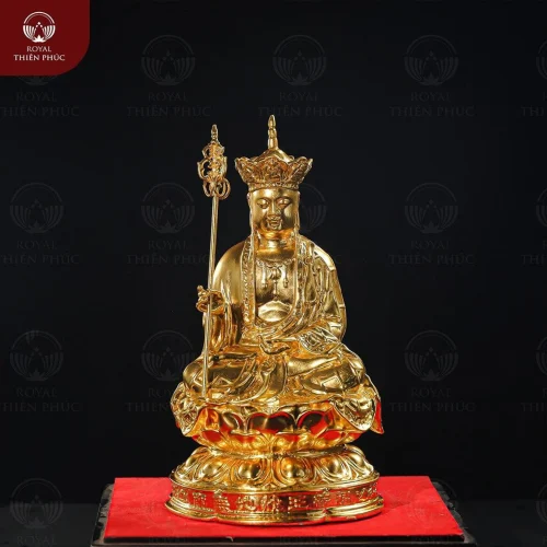 Tượng Bồ Tát Địa Tạng cầm pháp khí bằng đồng vàng dát vàng cao 30cm