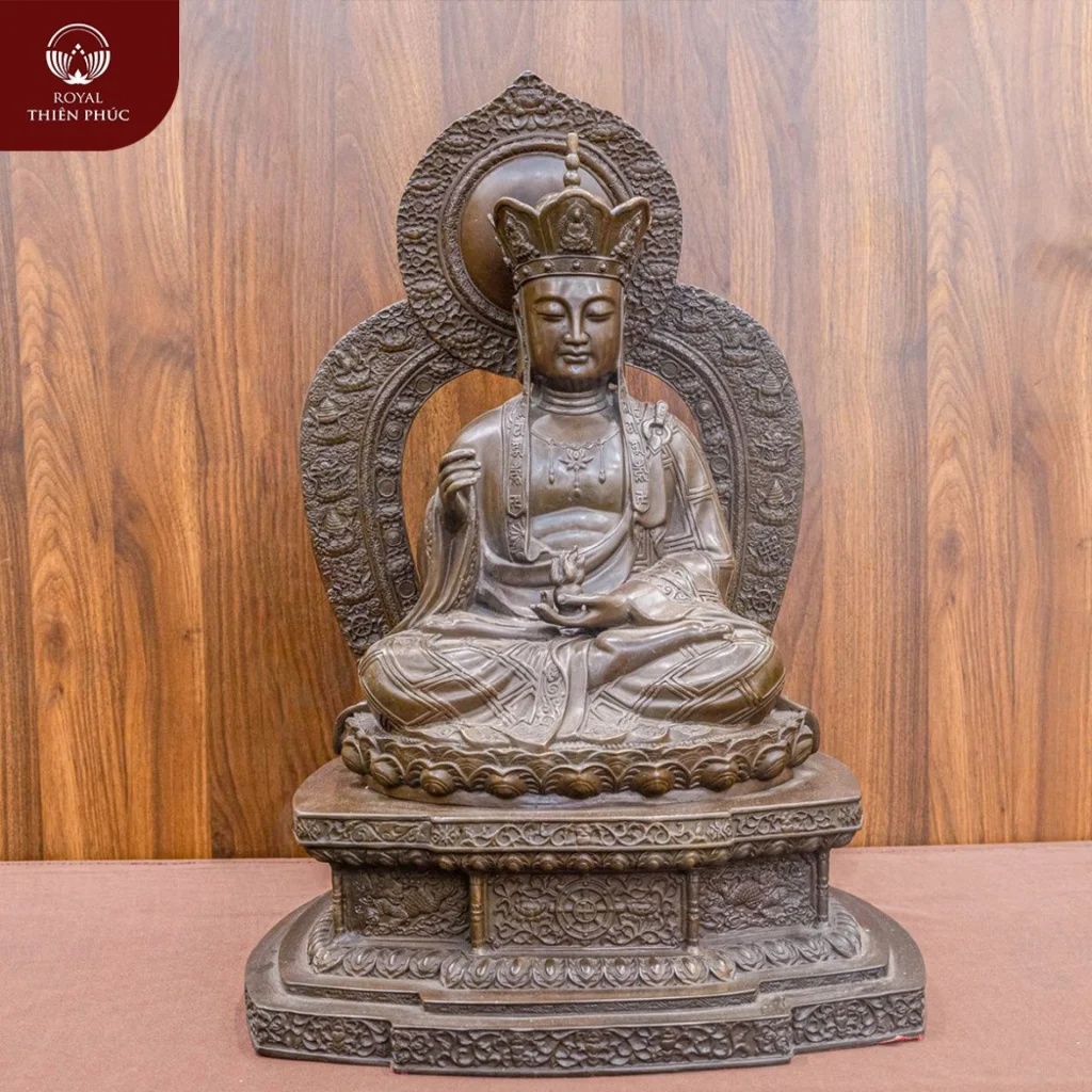 Tượng Địa Tạng Vương Bồ Tát ngồi bệ có liếc đồng vàng hun cao 53cm
