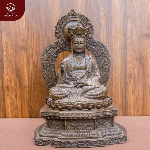 Tượng Địa Tạng Vương Bồ Tát ngồi bệ có liếc đồng vàng hun cao 53cm