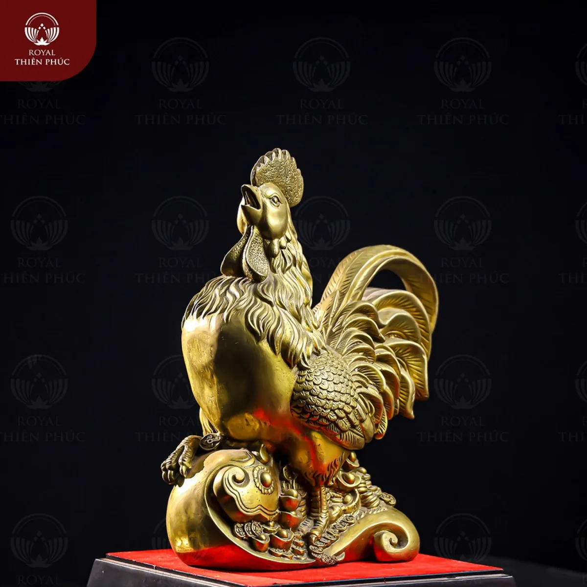 Tượng gà Như Ý Vượng Tài để bàn bằng đồng vàng 35x25cm
