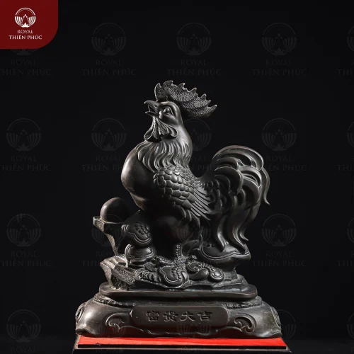 Tượng gà trống Như Ý Cát Tường bằng đồng vàng hun 23x30cm