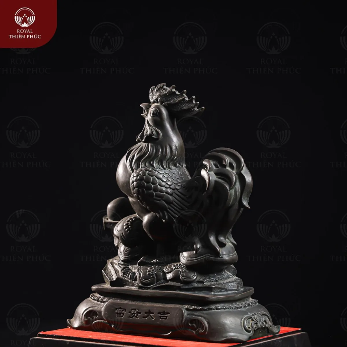 Tượng gà trống Như Ý Cát Tường bằng đồng vàng hun 23x30cm