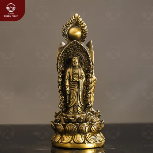 Tượng Phật 3 mặt đứng trên tòa sen bằng đồng vàng cao 18cm
