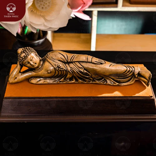 Tượng Phật A Di Đà dáng nằm bằng đồng vàng giả cổ để bàn