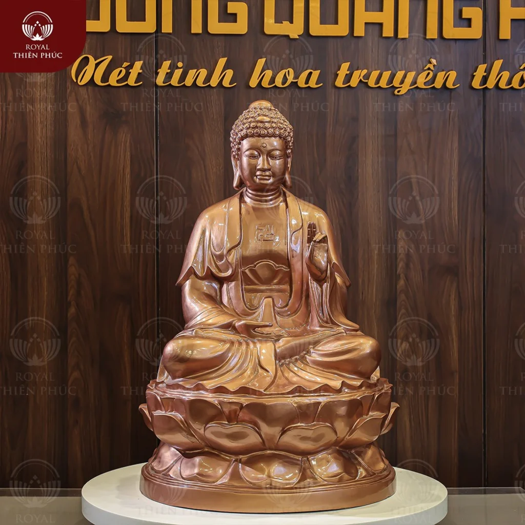 Tượng Phật A Di Đà ngồi trên tòa sen bằng đồng đỏ thờ tại gia