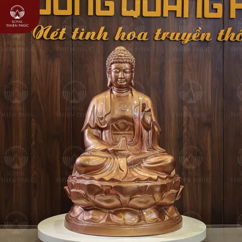 Tượng Phật A Di Đà ngồi trên tòa sen bằng đồng đỏ thờ tại gia