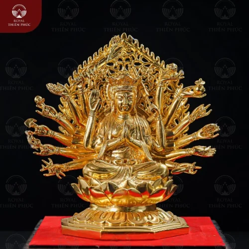 Tượng Phật Chuẩn Đề đẹp bằng đồng vàng thếp vàng cao 26cm