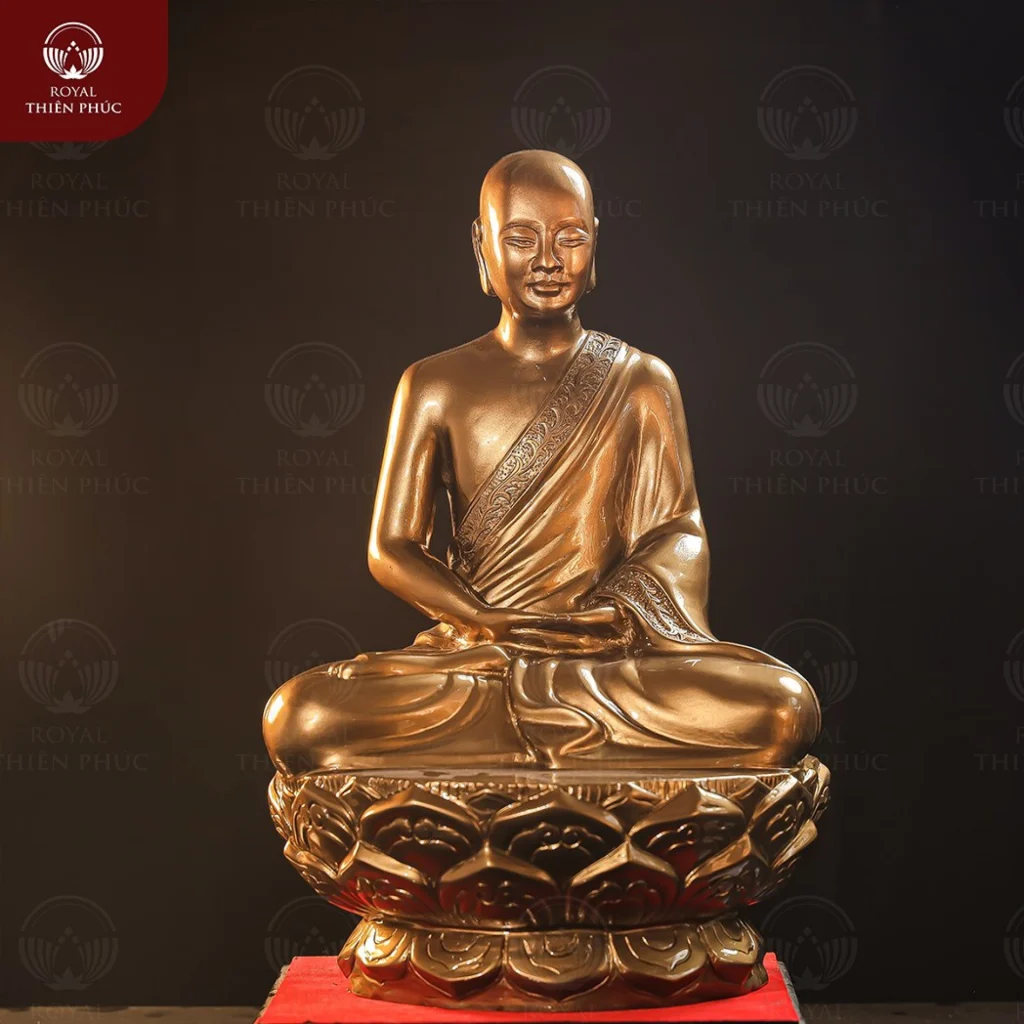 Tượng Phật Hoàng Trần Nhân Tông bằng đồng đỏ làm màu cao 38cm