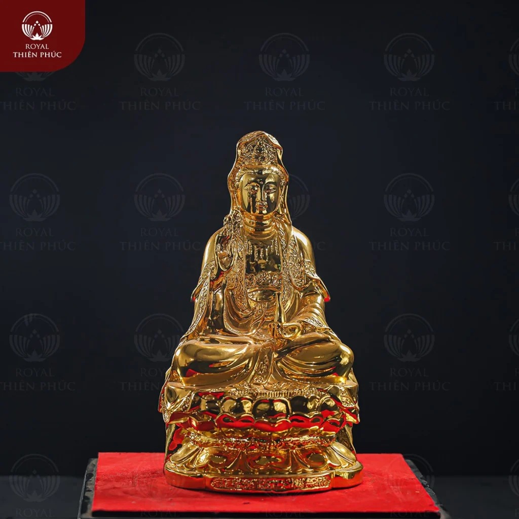 Tượng Quan Thế Âm Bồ Tát ngồi tòa sen bằng đồng mạ vàng cao 25cm