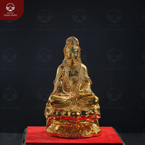 Tượng Quan Thế Âm Bồ Tát ngồi tòa sen bằng đồng mạ vàng cao 25cm