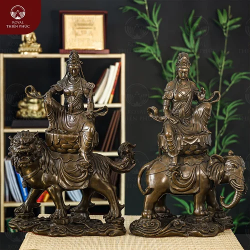 Tượng Văn Thù - Phổ Hiền Bồ Tát cưỡi thần thú đồng vàng hun cao 52cm