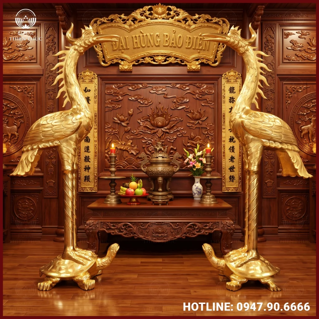 Đôi hạc thờ cỡ lớn đồng đỏ dát vàng