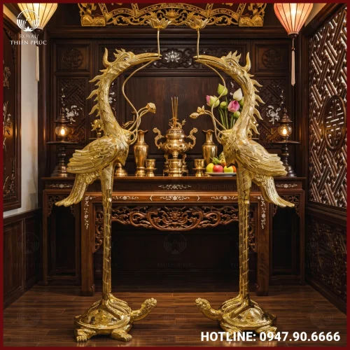 Hạc thờ cỡ lớn bằng đồng mạ vàng
