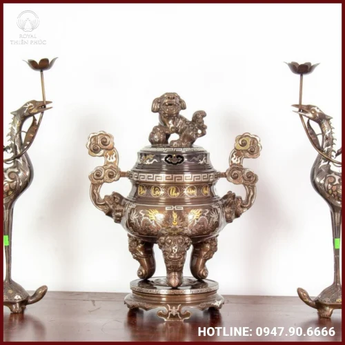 Bộ tam sự hạc thờ cúng chạm song long khảm tam khí dát điểm vàng