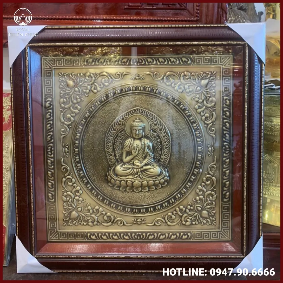 Tranh Phật bằng đồng làm màu giả cổ khung giả gỗ vuông 75cm cao cấp